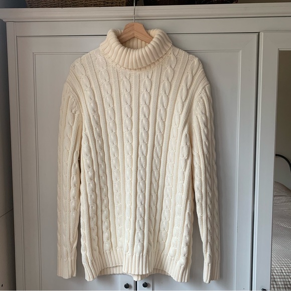 Lands' End Sweaters - Vintage 90s Lands' End Cream Cotton Cable Knit Turtleneck Sweater Made in Japan